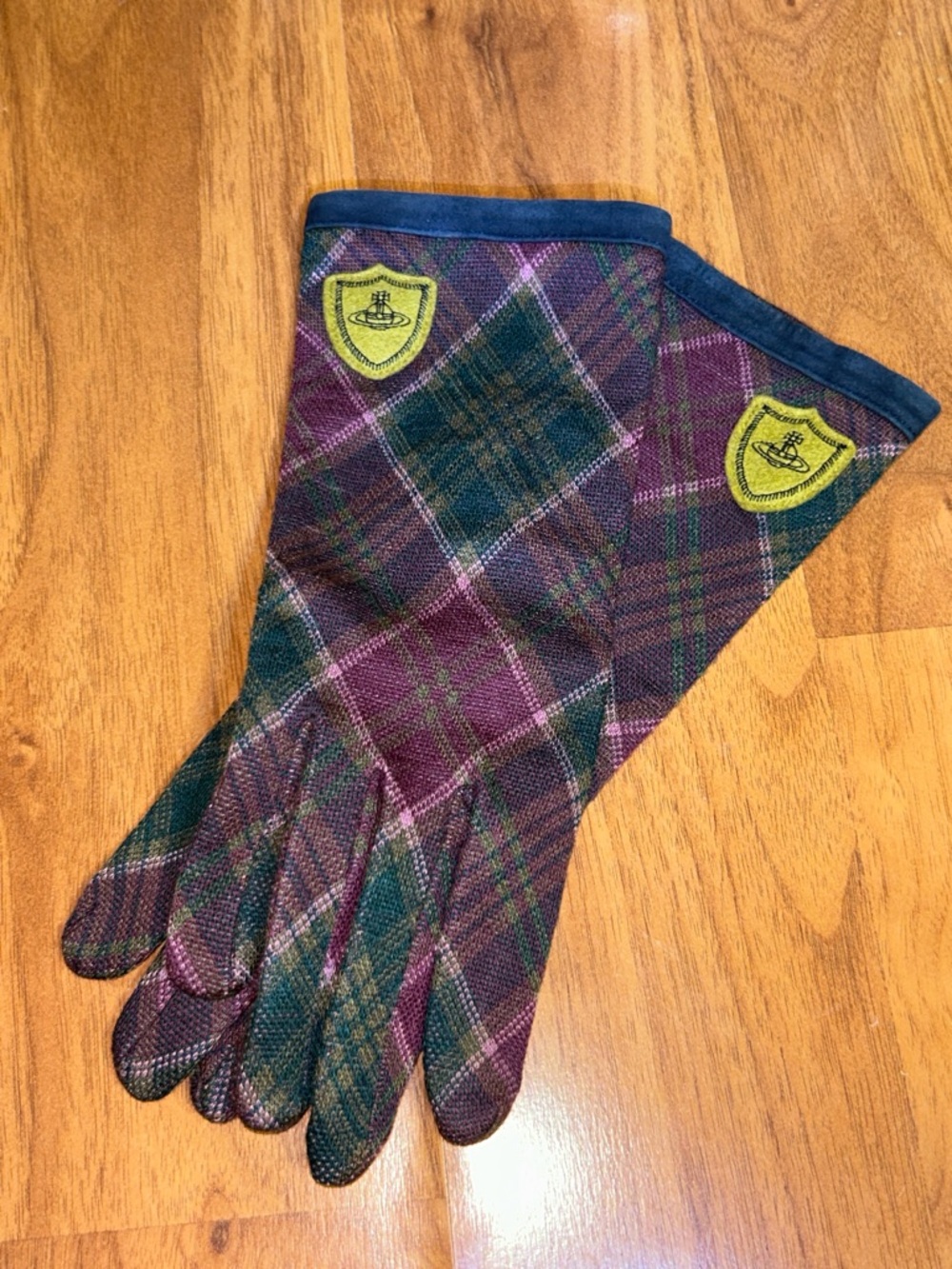 Authentic Vivienne Westwood Plaid Gloves in Purple, Green & Navy Trim